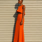 “long orange dress”