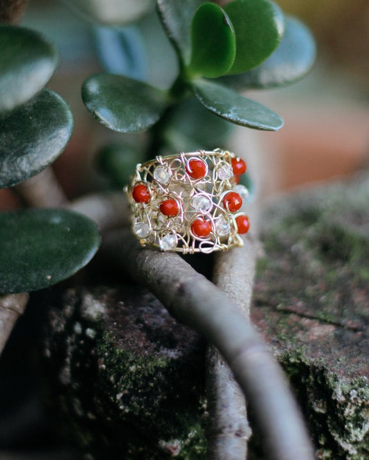 Gold Mesh Ring with Red - YSSLA